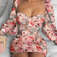 Temperament Printed Tight Long Sleeve Dress - Thumbnail 1