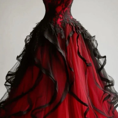 Chic black sleeveless red wedding dresses ruffles lace appliques bridal gowns