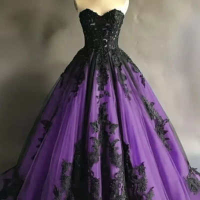A line sweetheart purple gothic lace prom dresses