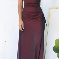 A Line Spaghetti Straps Burgundy Side Slit Backless Prom Dresses - Thumbnail 1