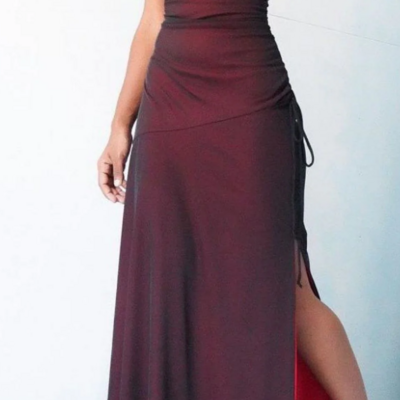 A line spaghetti straps burgundy side slit backless prom dresses