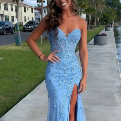 Sweetheart sky blue mermaid prom dresses with lace appliques