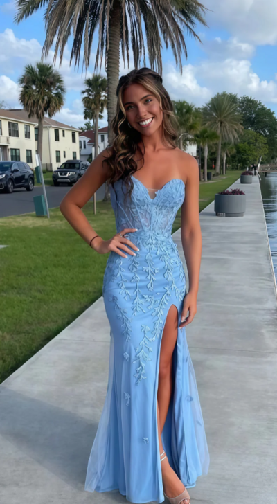 Sweetheart Sky Blue Mermaid Prom Dresses With Lace Appliques