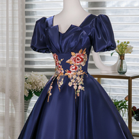 Navy Satin Short Prom Dress, A-Line Short Sleeve Evening Party Dress - Thumbnail 1