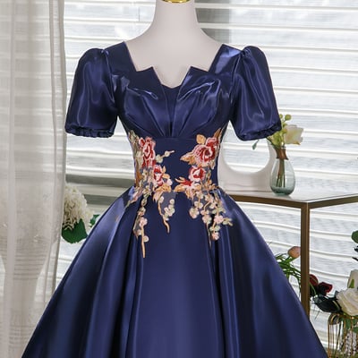 Navy satin short prom dress, a-line short sleeve evening party dress - Thumbnail 1