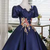 Navy Satin Short Prom Dress, A-Line Short Sleeve Evening Party Dress - Thumbnail 2