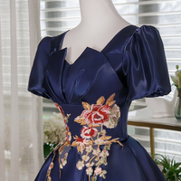 Navy Satin Short Prom Dress, A-Line Short Sleeve Evening Party Dress - Thumbnail 3