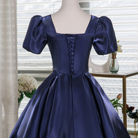 Navy Satin Short Prom Dress, A-Line Short Sleeve Evening Party Dress - Thumbnail 4