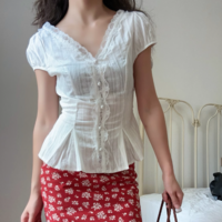 Lace blouse women's short-sleeved shirt - Thumbnail 3