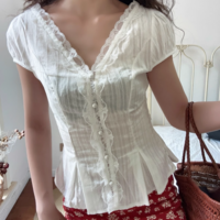 Lace blouse women's short-sleeved shirt - Thumbnail 1