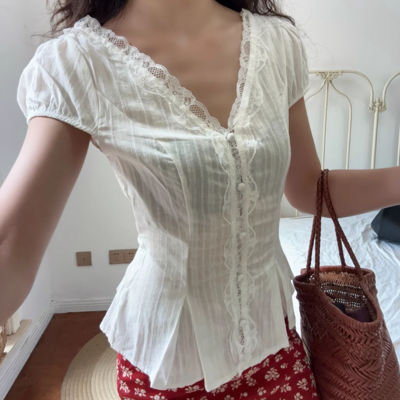 Lace blouse women's short-sleeved shirt - Thumbnail 4