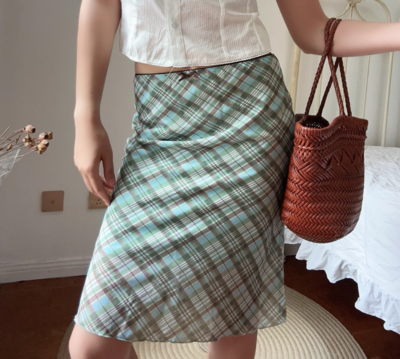 Retro preppy style contrasting color plaid mesh skirt
