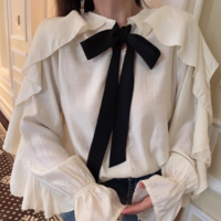 Fashionable and elegant contrasting color ribbon ruffled cardigan shirt - Thumbnail 3