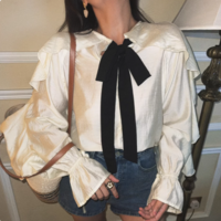 Fashionable and elegant contrasting color ribbon ruffled cardigan shirt - Thumbnail 4