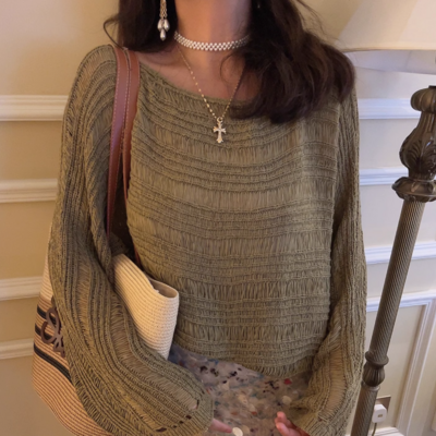 Lazy style solid color loose long-sleeved knitted sweater