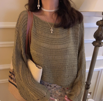 Lazy style solid color loose long-sleeved knitted sweater