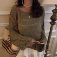 Lazy style solid color loose long-sleeved knitted sweater - Thumbnail 4