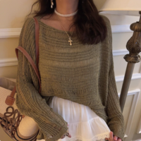 Lazy style solid color loose long-sleeved knitted sweater - Thumbnail 5