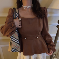 Long-sleeved square-neck lantern-sleeve top - Thumbnail 5