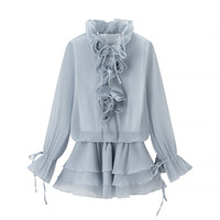 Fashion Sexy Hot Girl Flower Lantern Sleeve Dress Set - Thumbnail 5