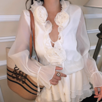 Fashion Sexy Hot Girl Flower Lantern Sleeve Dress Set - Thumbnail 3