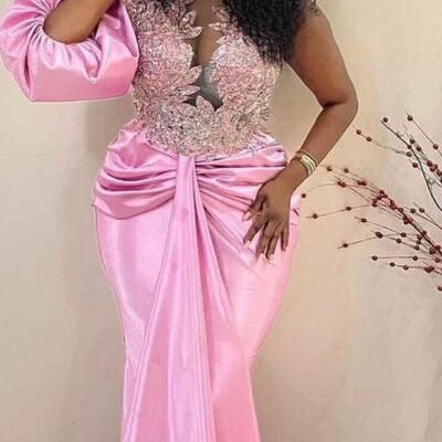 Pink mermaid lace appliques african girls prom dress evening formal gown