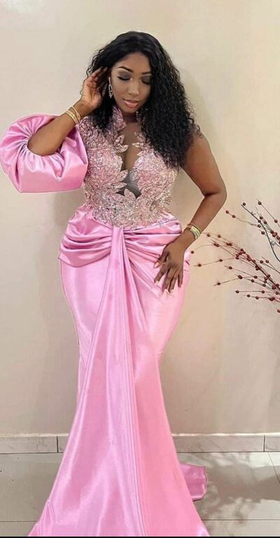 Pink Mermaid Lace Appliques African Girls Prom Dress Evening Formal Gown