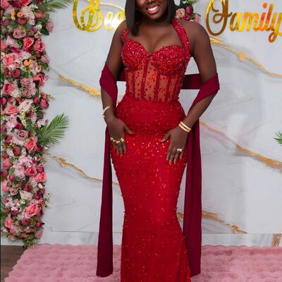 Red mermaid beading crystals african girls prom dress evening formal gown