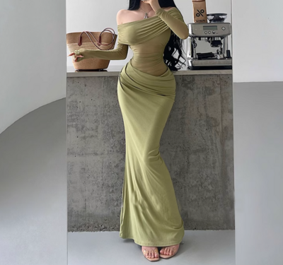 Mesh splicing one-shoulder dress pleated hollow hip long skirt