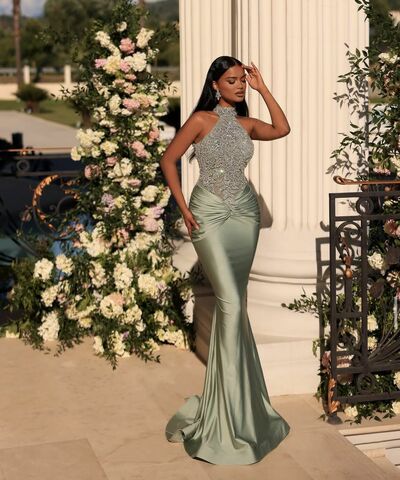Green Mermaid Beading Crystals Prom Dress Evening Formal Gown