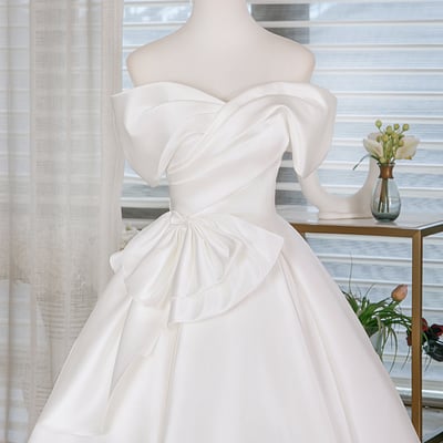 White satin short prom dress, a-line off the shoulder evening party dress - Thumbnail 1