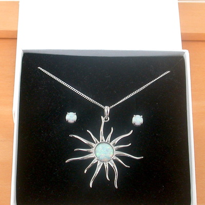 Boxed gift set/sterling silver white opal sun pendant & chain/silver opal necklace uk/opal jewellery/opal jewelry/october birthstone/uk
