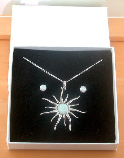 BOXED GIFT SET/Sterling Silver White Opal Sun Pendant & Chain/Silver Opal Necklace UK/Opal Jewellery/Opal Jewelry/October Birthstone/UK