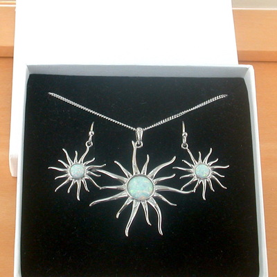 Boxed gift set/sterling silver white opal sun pendant & chain/silver opal necklace uk/opal jewellery/opal jewelry/opal earrings/uk