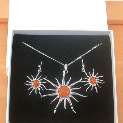 Boxed gift set/sterling silver fire opal sun pendant & chain/opal necklace/opal jewellery/opal jewelry/sun necklace/gemstone necklace/uk - Thumbnail 1