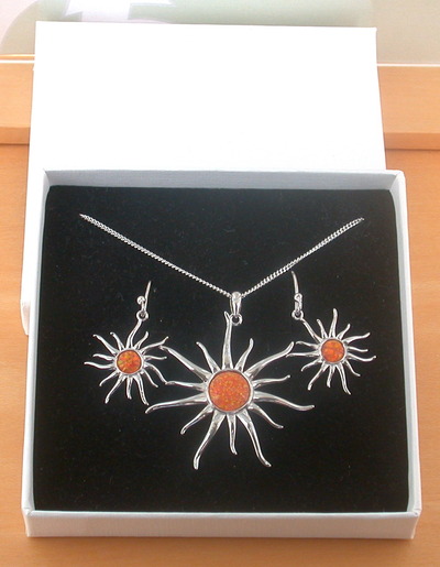 BOXED GIFT SET/Sterling Silver Fire Opal Sun Pendant & Chain/Opal Necklace/Opal Jewellery/Opal Jewelry/Sun Necklace/Gemstone Necklace/UK