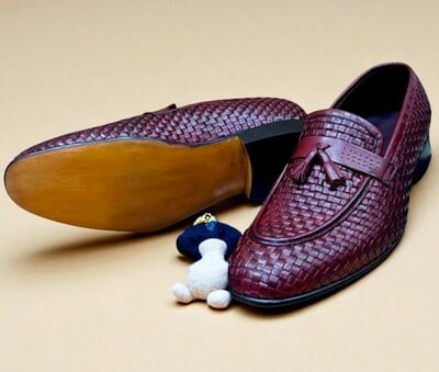 Crafted Leather Men Burgundy Woven Leather Loafers Dress Shoes