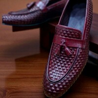 Crafted Leather Men Burgundy Woven Leather Loafers Dress Shoes - Thumbnail 1