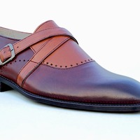Crafted Leather Classic Brown Leather Monk Strap Dress Shoes - Thumbnail 1