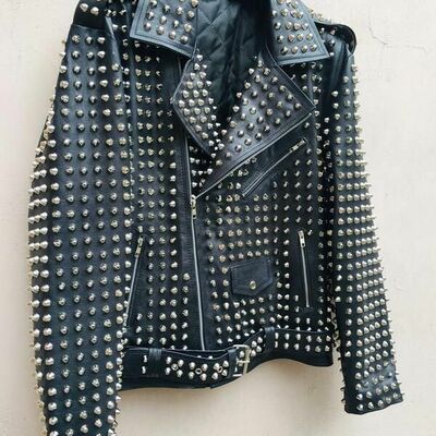Crafted leather men silver studded punk rock gothic black leather jacket 