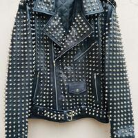 Crafted Leather Men Silver Studded Punk Rock Gothic Black Leather Jacket  - Thumbnail 1