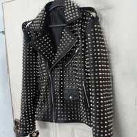 Crafted Leather Men Silver Studded Punk Rock Gothic Black Leather Jacket  - Thumbnail 3