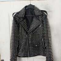 Crafted Leather Men Silver Studded Punk Rock Gothic Black Leather Jacket  - Thumbnail 4