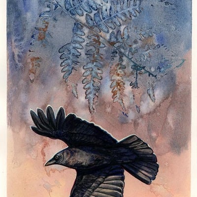 "crow and cascading fern" #1 original - watercolor painting