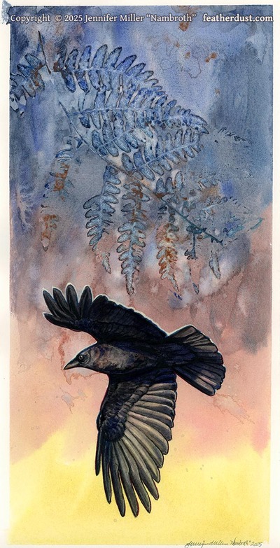 "Crow and Cascading Fern" #1 Original - Watercolor Painting