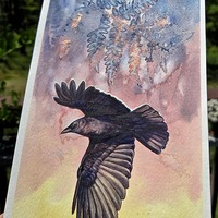 "Crow and Cascading Fern" #1 Original - Watercolor Painting - Thumbnail 1