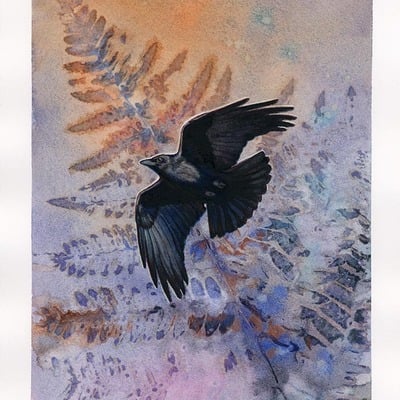 "crow and rising fern" #1 original - watercolor painting