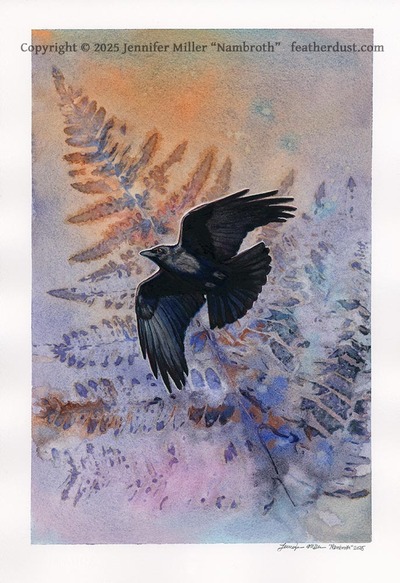 "Crow and Rising Fern" #1 Original - Watercolor Painting