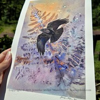 "Crow and Rising Fern" #1 Original - Watercolor Painting - Thumbnail 2