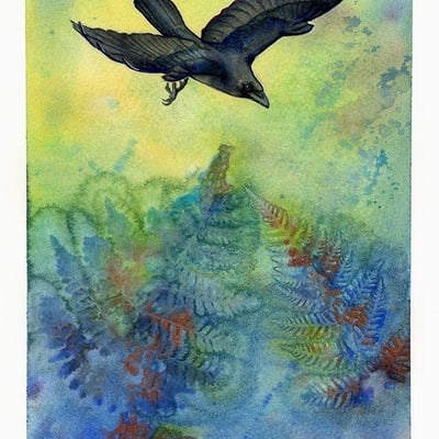 "crow and rising fern" #2 original - watercolor painting